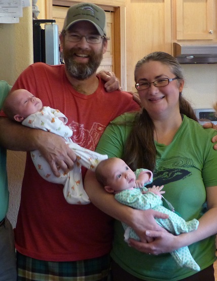 Todd and Ev with their three-month old twins, Griffin and Ione